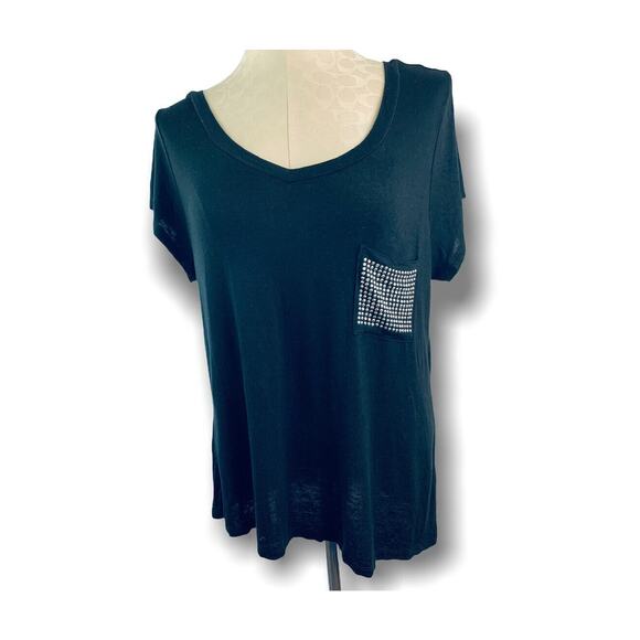 XL Ocasion Short Sleeve Junior Women's Sheer Embellished Pocket Tshirt V-Neck - Picture 1 of 7
